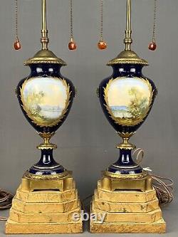 Pair of Antique 28 French Sevres Cobalt Bronze Porcelain Urn Vase Lamps Signed