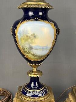 Pair of Antique 28 French Sevres Cobalt Bronze Porcelain Urn Vase Lamps Signed