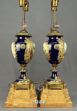 Pair of Antique 28 French Sevres Cobalt Bronze Porcelain Urn Vase Lamps Signed