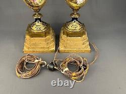 Pair of Antique 28 French Sevres Cobalt Bronze Porcelain Urn Vase Lamps Signed