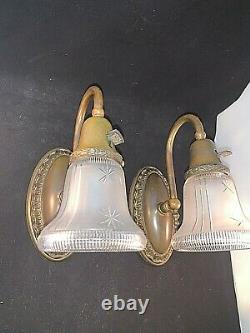 Pair of Antique Brass Sconces, Signed 1912 Gillander shades