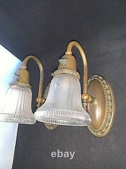 Pair of Antique Brass Sconces, Signed 1912 Gillander shades