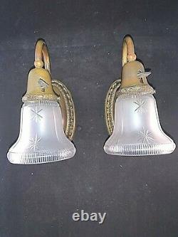 Pair of Antique Brass Sconces, Signed 1912 Gillander shades