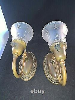 Pair of Antique Brass Sconces, Signed 1912 Gillander shades