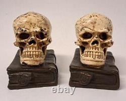 Pair of Antique Bronze Clad Human Skull Bookends Medical Art Sculpture Signed