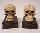 Pair Of Antique Bronze Clad Human Skull Bookends Medical Art Sculpture Signed