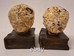 Pair of Antique Bronze Clad Human Skull Bookends Medical Art Sculpture Signed