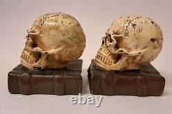 Pair of Antique Bronze Clad Human Skull Bookends Medical Art Sculpture Signed