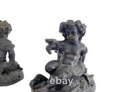Pair of Antique Bronze Metal Sculptures Dionysus Bacchus Child Decor Signed