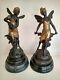 Pair Of Antique Bronze Winged Female Fairy Figurines Both Signed Auguste Moreau