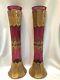 Pair Of Antique Cranberry Glass Vases With Gold Overlay & Green Jewels, Signed