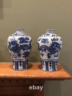 Pair of Antique Chinese Blue and White Porcelain Dragon Vases Signed