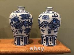 Pair of Antique Chinese Blue and White Porcelain Dragon Vases Signed