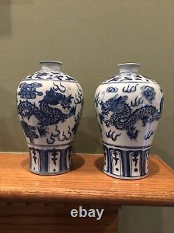 Pair of Antique Chinese Blue and White Porcelain Dragon Vases Signed