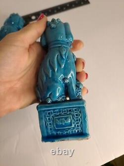 Pair of Antique Chinese Export Turquoise Blue Glazed Foo Dog Lion 1970s
