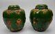 Pair Of Antique Chinese Green And Yellow Stone Ware Ginger Jars Signed 8.5