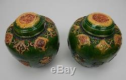 Pair of Antique Chinese Green and Yellow stone ware Ginger jars Signed 8.5