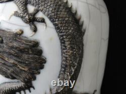 Pair of Antique Chinese Signed Crackle Dragon Vases Brought Back From Foochow