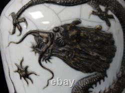 Pair of Antique Chinese Signed Crackle Dragon Vases Brought Back From Foochow