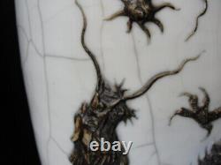 Pair of Antique Chinese Signed Crackle Dragon Vases Brought Back From Foochow