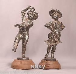 Pair of Antique Circa 1900 Silvered Bronze Dancing Children Artist Signed