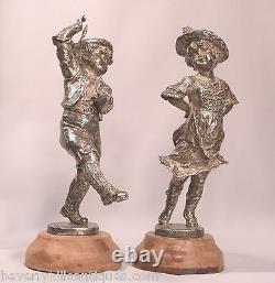 Pair of Antique Circa 1900 Silvered Bronze Dancing Children Artist Signed