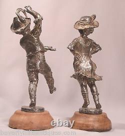 Pair of Antique Circa 1900 Silvered Bronze Dancing Children Artist Signed