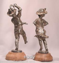 Pair of Antique Circa 1900 Silvered Bronze Dancing Children Artist Signed