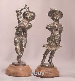 Pair of Antique Circa 1900 Silvered Bronze Dancing Children Artist Signed