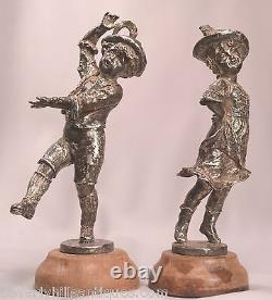 Pair of Antique Circa 1900 Silvered Bronze Dancing Children Artist Signed