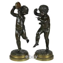 Pair of Antique Clodion Bronze Cherub Musician Sculptures Signed C1880