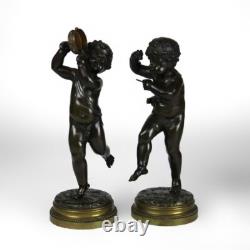 Pair of Antique Clodion Bronze Cherub Musician Sculptures Signed C1880