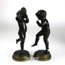 Pair of Antique Clodion Bronze Cherub Musician Sculptures Signed C1880