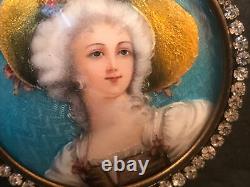 Pair of Antique Enamel On Copper Miniature/Signed/Jeweled Frame/France 1925/Lady