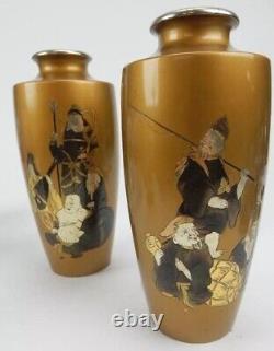 Pair of Antique Gilt Bronze Japanese Vases with immortal figures signed 8.5