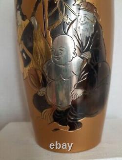 Pair of Antique Gilt Bronze Japanese Vases with immortal figures signed 8.5