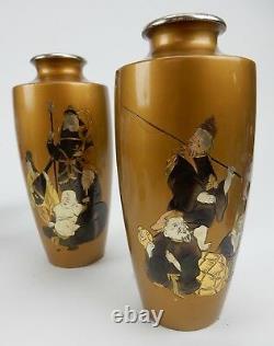 Pair of Antique Gilt Bronze Japanese Vases with immortal figures signed 8.5