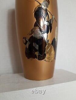 Pair of Antique Gilt Bronze Japanese Vases with immortal figures signed 8.5