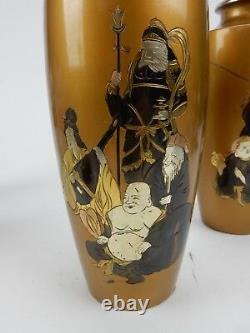 Pair of Antique Gilt Bronze Japanese Vases with immortal figures signed 8.5