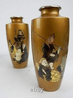 Pair of Antique Gilt Bronze Japanese Vases with immortal figures signed 8.5