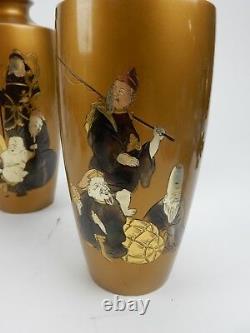 Pair of Antique Gilt Bronze Japanese Vases with immortal figures signed 8.5