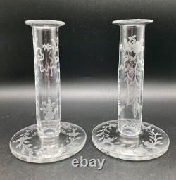 Pair of Antique Hawkes Engraved Candlesticks Bud Vase Hat Pin Holder Signed