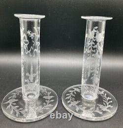 Pair of Antique Hawkes Engraved Candlesticks Bud Vase Hat Pin Holder Signed