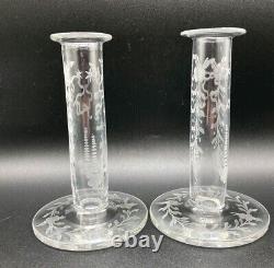 Pair of Antique Hawkes Engraved Candlesticks Bud Vase Hat Pin Holder Signed