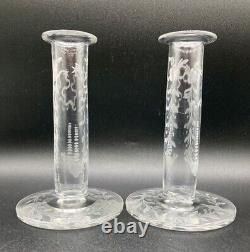 Pair of Antique Hawkes Engraved Candlesticks Bud Vase Hat Pin Holder Signed