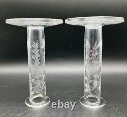 Pair of Antique Hawkes Engraved Candlesticks Bud Vase Hat Pin Holder Signed