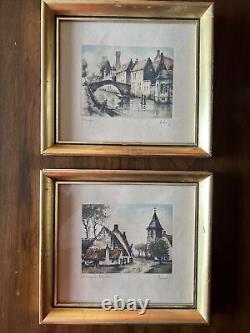 Pair of Antique Hebbelinck European Etchings, Signed Bruges, Village enFlanders