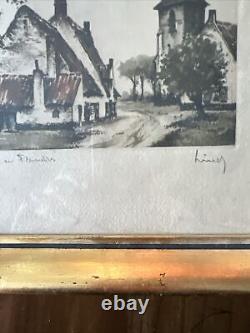 Pair of Antique Hebbelinck European Etchings, Signed Bruges, Village enFlanders