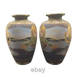 Pair of Antique Japanese Satsuma Vases-Moriage Detail, Signed Seizan