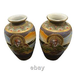 Pair of Antique Japanese Satsuma Vases-Moriage Detail, Signed Seizan